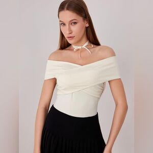 CIDER White Bodysuit Off-Shoulder Bodysuit For Solid Off-Shoulder Bodysuit